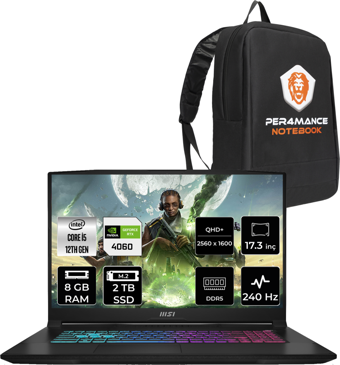 MSI Katana 17 B12VFK1031XTRP304 Dahili UHD Graphics Intel Core i5 12450H 8 GB Ram 2 TB SSD 17.3 inç Full HD Freedos Laptop + PER4 Çanta