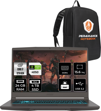 MSI Thin 15 12VE1892XTRP325 Dahili UHD Graphics Intel Core i7 12650H 24 GB Ram 4 TB SSD 15.6 inç Full HD Freedos Laptop + PER4 Çanta