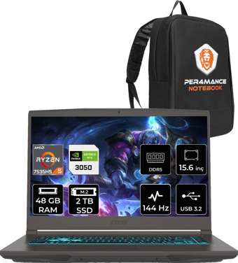 MSI Thin A15 B7UCP329 Harici AMD Radeon 660M AMD Ryzen 5 7535HS 48 GB Ram 2 TB SSD 15.6 inç Full HD Freedos Laptop + PER4 Çanta