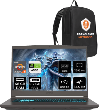 MSI Thin A15 B7VE076XTRP327 Harici AMD Radeon 660M AMD Ryzen 5 7535HS 48 GB Ram 512 GB SSD 15.6 inç Full HD Freedos Laptop + PER4 Çanta
