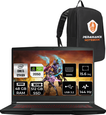 MSI Thin GF63 12UCX427XTRP342 Dahili UHD Graphics Intel Core i5 12450H 48 GB Ram 512 GB SSD 15.6 inç Full HD Freedos Laptop + PER4 Çanta