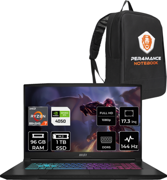 MSI Katana A17 AI B8VE853XTRP338 Harici AMD Radeon 780M AMD Ryzen 7 8845HS 96 GB Ram 1 TB SSD 17.3 inç Full HD Freedos Laptop + PER4 Çanta