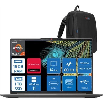 Lenovo IdeaPad Slim 5 LS83DB003UTR02 Harici AMD Radeon 780M AMD Ryzen 7 8845HS 16 GB Ram 1 TB SSD 14 inç WUXGA Windows 11 Pro Laptop + Zetta Çanta