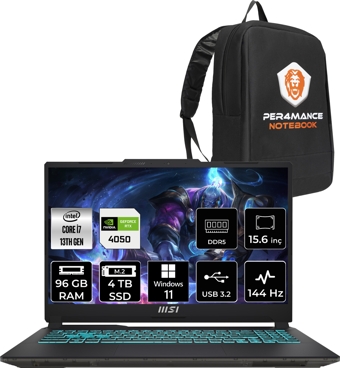 MSI Cyborg 15 A13VE897XTRP380 Dahili UHD Graphics Intel Core i7 13620H 96 GB Ram 4 TB SSD 15.6 inç Full HD Windows 11 Home Laptop + PER4 Çanta