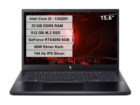Acer Nitro V 15 Harici GeForce RTX 4050 Intel Core i5 13420H 32 GB Ram 512 GB SSD 15.6 inç Full HD Freedos Gaming Laptop