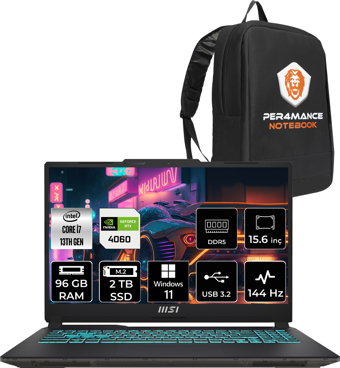 MSI Cyborg 15 A13VF893XTRP419 Dahili UHD Graphics Intel Core i7 13620H 96 GB Ram 2 TB SSD 15.6 inç Full HD Windows 11 Pro Laptop + PER4 Çanta