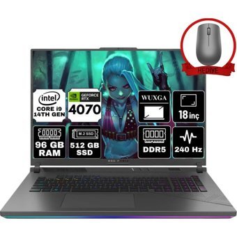 Asus ROG Strix G18 G814JIR-N6062-A93 Harici GeForce RTX 4070 Intel Core i9 14900HX 96 GB Ram 512 GB SSD 18 inç WQXGA Windows 11 Pro Gaming Laptop + Anzar Mouse