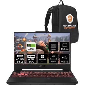 Asus TUF Gaming A15 LP030P365 Harici GeForce RTX 4060 AMD Ryzen 7 7435HS 40 GB Ram 4 TB SSD 15.6 inç Full HD Windows 11 Home Gaming Laptop + PER4 Çanta