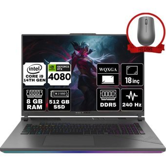 Asus ROG Strix G18 G814JZR-N6092-A33 Harici GeForce RTX 4080 Intel Core i9 14900HX 8 GB Ram 512 GB SSD 18 inç WQXGA Windows 11 Home Gaming Laptop + Anzar Mouse