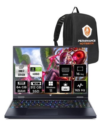 Acer PREDATOR HNQJQEY001 Harici GeForce RTX 4060 Intel Core i7 13700HX 64 GB Ram 512 GB SSD 16 inç QHD+ Windows 11 Pro Gaming Laptop + PER4 Çanta