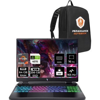 Acer Nitro 16 NHQSLEY001P331 Harici GeForce RTX 4070 AMD Ryzen 7 8845HS 64 GB Ram 256 GB SSD 16 inç QHD+ Freedos Gaming Laptop + PER4 Çanta