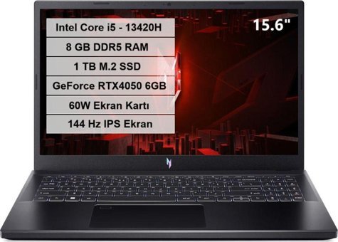 Acer Nitro V 15 ANV15-51 NH.QNBEY.002 Harici GeForce RTX 4050 Intel Core i5 13420H 8 GB Ram 1 TB SSD 15.6 inç Full HD Freedos Gaming Laptop