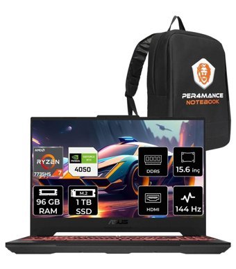 Asus TUF Gaming A15 LP052 Harici GeForce RTX 4050 AMD Ryzen 7 7735HS 96 GB Ram 1 TB SSD 15.6 inç Full HD Freedos Gaming Laptop + PER4 Çanta