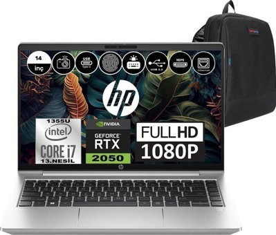 Hp ProBook 440 G10 8A569EAH09 Harici GeForce RTX 2050 Intel Core i7 1355U 64 GB Ram 256 GB SSD 14 inç Full HD Windows 11 Home Gaming Laptop + Çanta