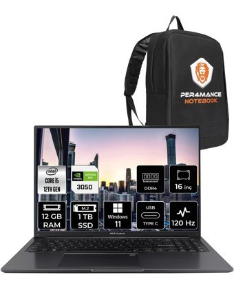 Asus Vivobook 16X K3605ZC N1013W Harici GeForce RTX 3050 Intel Core i5 12450H 12 GB Ram 1 TB SSD 16 inç Full HD Windows 11 Pro Gaming Laptop + PER4 Çanta