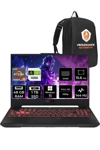 Asus TUF Gaming LP158 Harici GeForce RTX 4050 AMD Ryzen 5 7535HS 48 GB Ram 1 TB SSD 15.6 inç Full HD Windows 11 Pro Gaming Laptop + PER4 Çanta