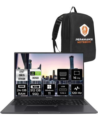 Asus Vivobook 16X K3605ZC N1013W Harici GeForce RTX 3050 Intel Core i5 12450H 24 GB Ram 512 GB SSD 16 inç Full HD Windows 11 Home Gaming Laptop + PER4 Çanta