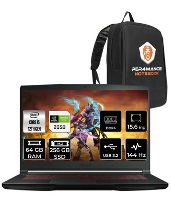 MSI Thin GF63 12UCX-427XTR Harici GeForce RTX 2050 Intel Core i5 12450H 64 GB Ram 256 GB SSD 15.6 inç Full HD Freedos Gaming Laptop + PER4 Çanta
