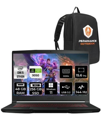 MSI Thin GF63 12UC-877XTR Harici GeForce RTX 3050 Intel Core i5 12450H 48 GB Ram 256 GB SSD 15.6 inç Full HD Windows 11 Pro Gaming Laptop + PER4 Çanta