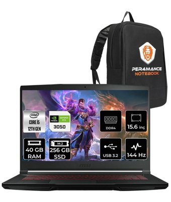 MSI Thin GF63 12UC-877XTR Harici GeForce RTX 3050 Intel Core i5 12450H 40 GB Ram 256 GB SSD 15.6 inç Full HD Freedos Gaming Laptop + PER4 Çanta