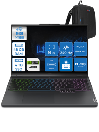 Lenovo Legion Pro 7 L83DE002WTR09 Harici GeForce RTX 4080 Intel Core i9 14900HX 48 GB Ram 2 + 2 TB SSD 16 inç WQXGA Freedos Gaming Laptop