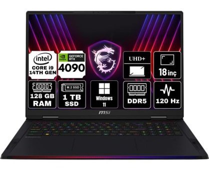 MSI Raider 18 Hx A14VIG-468TR-A20 Harici GeForce RTX 4090 Intel Core i9 14900HX 128 GB Ram 1 TB SSD 18 inç UHD+ Windows 11 Home Gaming Laptop + Anzar Mouse