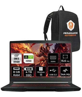 MSI Thin GF63 12VE-083XTR Harici GeForce RTX 4050 Intel Core i5 12450H 8 GB Ram 4 TB SSD 15.6 inç Full HD Windows 11 Home Gaming Laptop + PER4 Çanta
