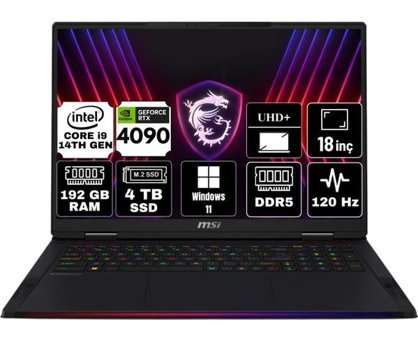 MSI Raider 18 Hx A14VIG-468TR-A39 Harici GeForce RTX 4090 Intel Core i9 14900HX 192 GB Ram 4 TB SSD 18 inç UHD+ Windows 11 Pro Gaming Laptop + Anzar Mouse