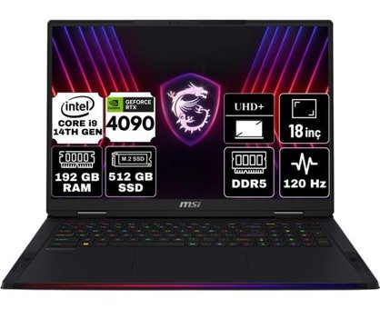 MSI Raider 18 Hx A14VIG-468TR-A10 Harici GeForce RTX 4090 Intel Core i9 14900HX 192 GB Ram 512 GB SSD 18 inç UHD+ Freedos Gaming Laptop + Anzar Mouse