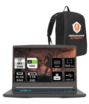 MSI Thin 15 12VE-1892XTR Harici GeForce RTX 4050 Intel Core i7 12650H 16 GB Ram 2 TB SSD 15.6 inç Full HD Freedos Gaming Laptop + PER4 Çanta