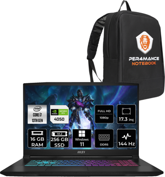 MSI Katana 17 B13VEK1036XTRP346 Harici GeForce RTX 4070 Intel Core i7 13620H 16 GB Ram 256 GB SSD 17.3 inç Full HD Windows 11 Home Gaming Laptop + PER4 Çanta