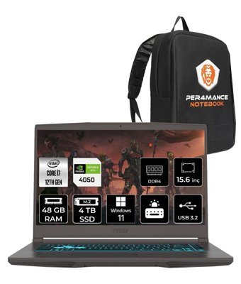 MSI Thin 15 12VE-1892XTR Harici GeForce RTX 4050 Intel Core i7 12650H 48 GB Ram 4 TB SSD 15.6 inç Full HD Windows 11 Pro Gaming Laptop + PER4 Çanta