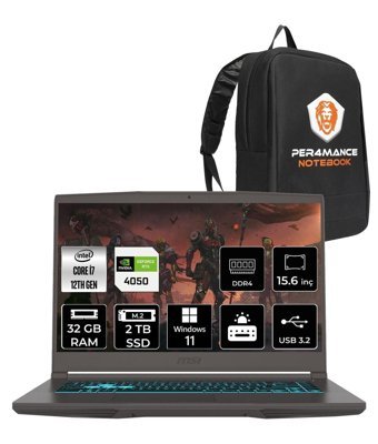 MSI Thin 15 12VE-1892XTR Harici GeForce RTX 4050 Intel Core i7 12650H 32 GB Ram 2 TB SSD 15.6 inç Full HD Windows 11 Pro Gaming Laptop + PER4 Çanta