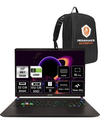 MSI Vector 16 A13VHG-495TR Harici GeForce RTX 4080 Intel Core i7 13700HX 32 GB Ram 512 GB SSD 16 inç Full HD Windows 11 Pro Gaming Laptop + PER4 Çanta