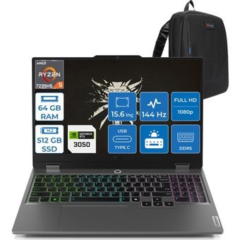 Lenovo LOQ 15ARP9 83JC000QTRP16 Harici GeForce RTX 3050 AMD Ryzen 5 7235HS 64 GB Ram 512 GB SSD 15.6 inç Full HD Windows 11 Pro Gaming Laptop + Zetta Çanta