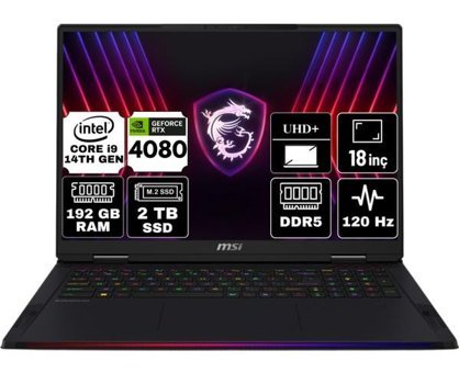 MSI Raider 18 Hx A14VHG-465TR-A12 Harici GeForce RTX 4080 Intel Core i9 14900HX 192 GB Ram 2 TB SSD 18 inç UHD+ Freedos Gaming Laptop + Anzar Mouse
