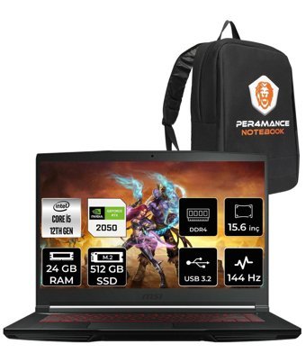 MSI Thin GF63 12UCX-427XTR Harici GeForce RTX 2050 Intel Core i5 12450H 24 GB Ram 512 GB SSD 15.6 inç Full HD Freedos Gaming Laptop + PER4 Çanta