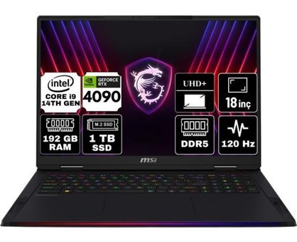 MSI Raider 18 Hx A14VIG-468TR-A11 Harici GeForce RTX 4090 Intel Core i9 14900HX 192 GB Ram 1 TB SSD 18 inç UHD+ Freedos Gaming Laptop + Anzar Mouse