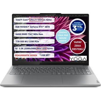 Lenovo Yoga Pro 9 16IMH9 83DN007GTR Harici GeForce RTX 4070 Intel Core Ultra 9 185H 64 GB Ram 1 TB SSD 16 inç QHD+ Freedos Dokunmatik Gaming Laptop