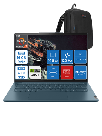 Lenovo Yoga Pro 7 14APH8 L82Y8000BTXF03 Harici GeForce RTX 4050 AMD Ryzen 7 7840HS 16 GB Ram 4 TB SSD 14.5 inç QHD+ Freedos Gaming Laptop
