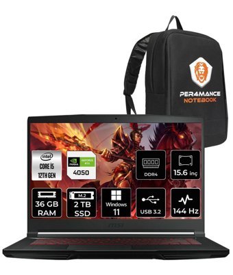 MSI Thin GF63 12VE-082XTR Harici GeForce RTX 4050 Intel Core i5 12450H 36 GB Ram 2 TB SSD 15.6 inç Full HD Windows 11 Home Gaming Laptop + PER4 Çanta