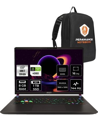 MSI Vector 16 A13VHG-495TR Harici GeForce RTX 4080 Intel Core i7 13700HX 8 GB Ram 1 TB SSD 16 inç Full HD Freedos Gaming Laptop + PER4 Çanta
