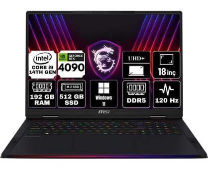 MSI Raider 18 Hx A14VIG-468TR-A23 Harici GeForce RTX 4090 Intel Core i9 14900HX 192 GB Ram 512 GB SSD 18 inç UHD+ Windows 11 Home Gaming Laptop + Anzar Mouse