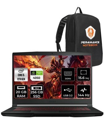 MSI Thin GF63 12VE-082XTR Harici GeForce RTX 4050 Intel Core i5 12450H 20 GB Ram 256 GB SSD 15.6 inç Full HD Freedos Gaming Laptop + PER4 Çanta