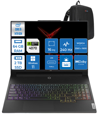 Lenovo Legion Pro 5 883DF00ALTR07 Harici GeForce RTX 4070 Intel Core i9 14900HX 64 GB Ram 2 TB SSD 16 inç QHD+ Windows 11 Pro Gaming Laptop