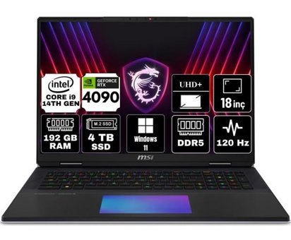 MSI Titan 18 HX A14VIG-067TR Harici GeForce RTX 4090 Intel Core i9 14900HX 192 GB Ram 4 TB SSD 18 inç UHD+ Windows 11 Pro Gaming Laptop