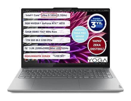 Lenovo Yoga Pro 9 16IMH9 83DN007GTR Harici GeForce RTX 4070 Intel Core Ultra 9 185H 64 GB Ram 1 TB SSD 16 inç Full HD Freedos Gaming Laptop