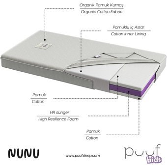 Puuf Sleep First Sleep Nunu Dikdörtgen Sünger Ortopedik 70x140 cm Beşik Yatağı