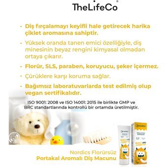 TheLifeCo Nordics Portakal Mandalina Organik Florürsüz 0-4 Yaş Çocuk Diş Macunu 50 ml