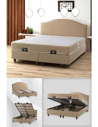 İpek Mobilya Bluum 150x200 cm Ayrılabilen Yataklı Başlıklı Çift Kişilik Sandıklı Baza Seti Bej
